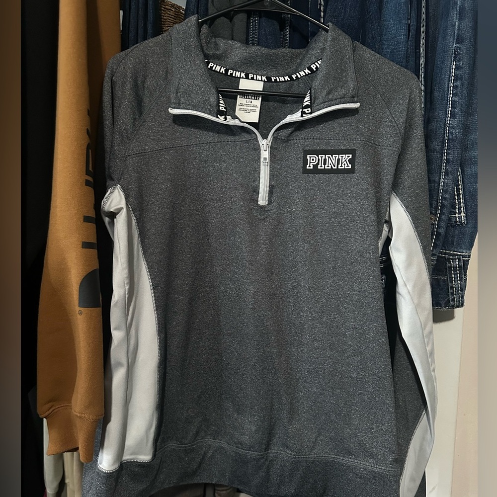 PINK Victoria's Secret Women’s Half Zip-Up Sweater in Gray and White